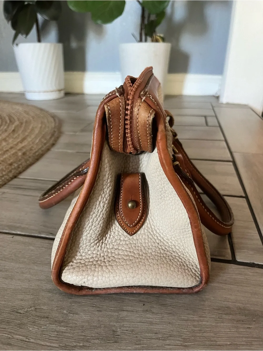 Dooney & Bourke Cream Pebbled Leather Satchel with Brown Trim